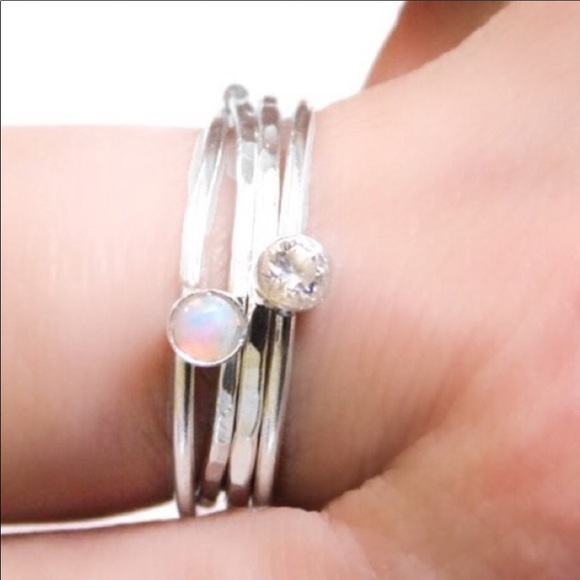(2-13) 925 Sterling Silver White Fire Opal & Diamond CZ Stacking Ring Set of 4 - Picture 2 of 5
